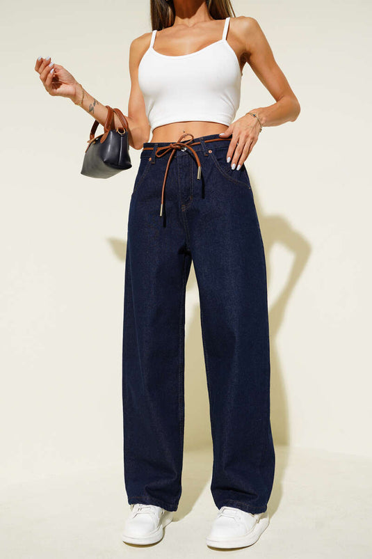 Navy Blue Wide Leg Leather Drawstring Jeans