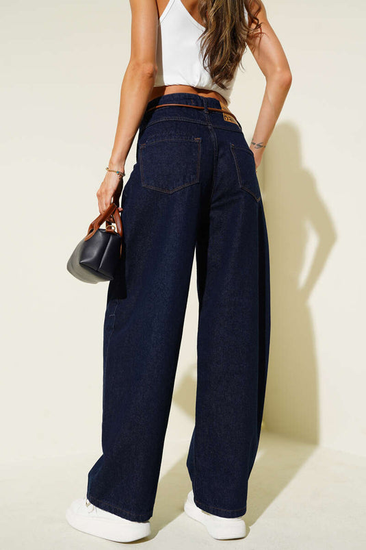 Navy Blue Wide Leg Leather Drawstring Jeans