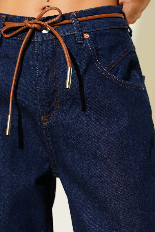 Navy Blue Wide Leg Leather Drawstring Jeans