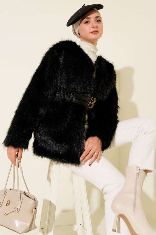 Deri Kemerli Kürklü Mont Siyah