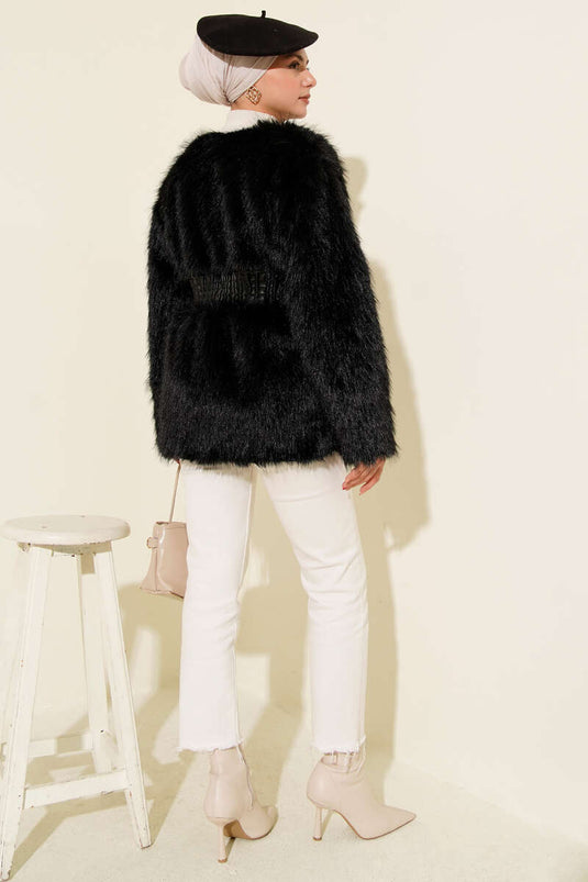 Deri Kemerli Kürklü Mont Siyah