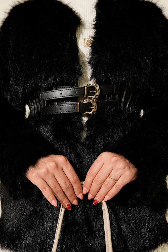 Deri Kemerli Kürklü Mont Siyah