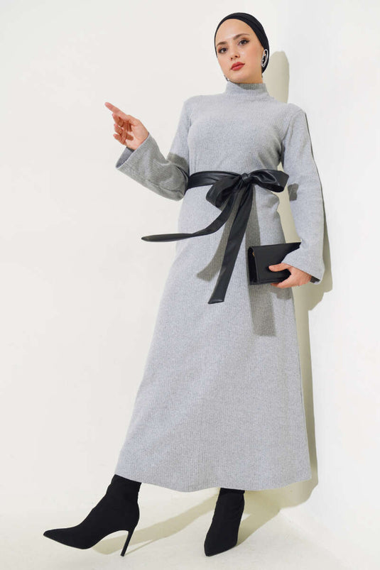 Robe Velours Côtelé Ceinturée En Cuir Gris