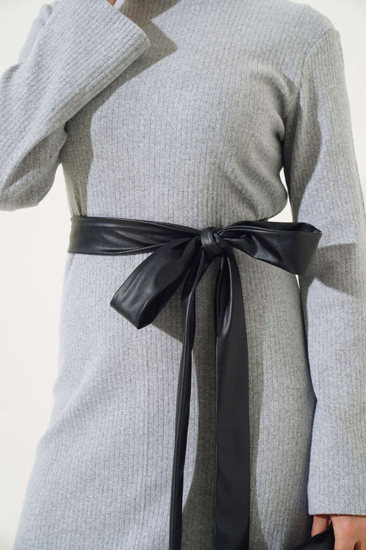 Robe Velours Côtelé Ceinturée En Cuir Gris