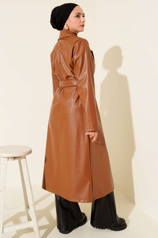 Leather Belted Double-Breasted Trench Coat Tan