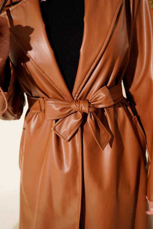 Leather Belted Double-Breasted Trench Coat Tan