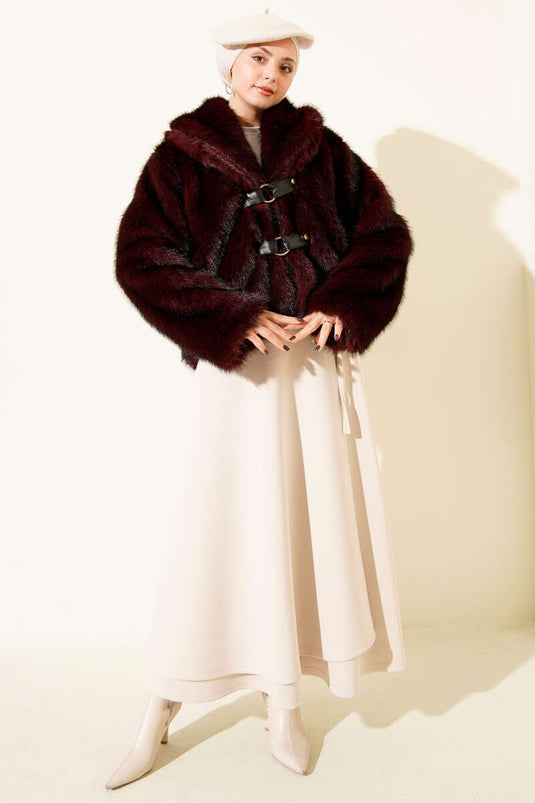 Short Fur Coat with Leather Buckle, Burgundy