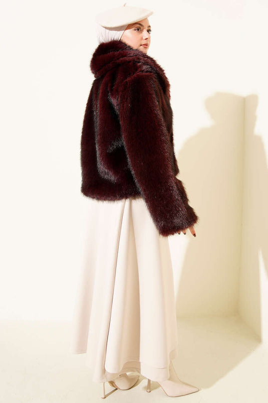 Short Fur Coat with Leather Buckle, Burgundy