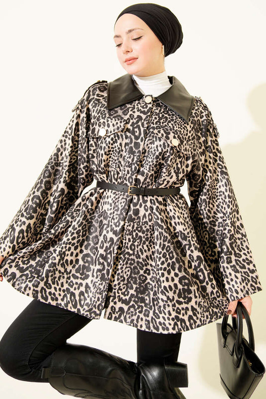 Deri Yaka Garnili Leopar Desenli Ceket Taş