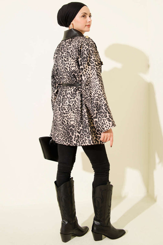 Deri Yaka Garnili Leopar Desenli Ceket Taş