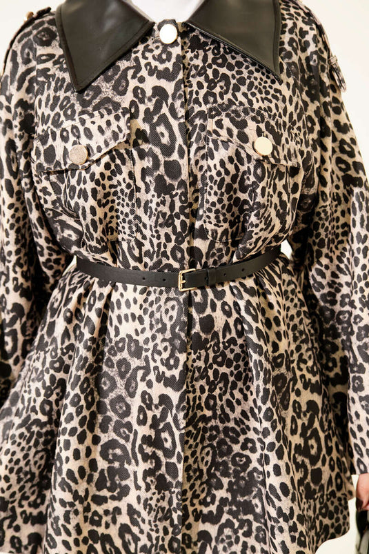 Deri Yaka Garnili Leopar Desenli Ceket Taş