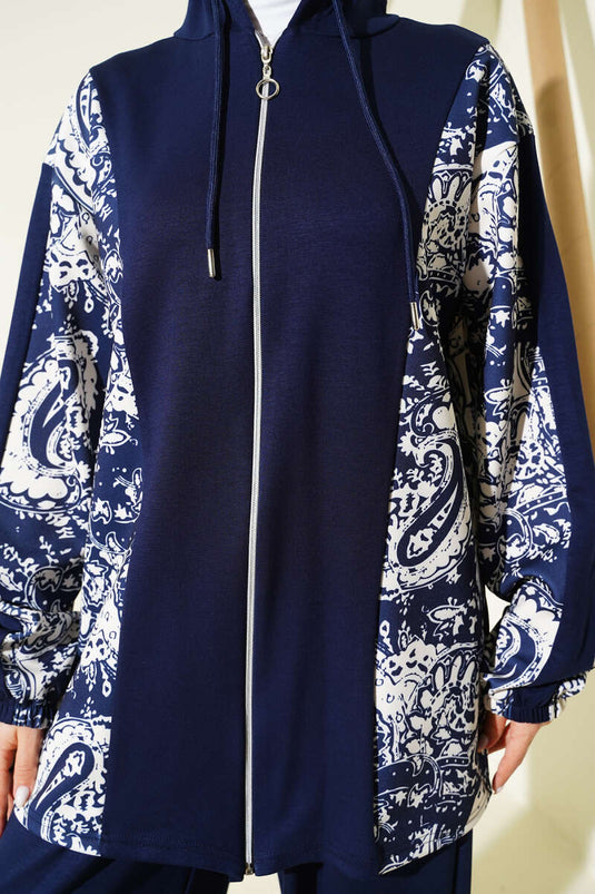 Patterned Hooded Two-Piece Set, Navy Blue