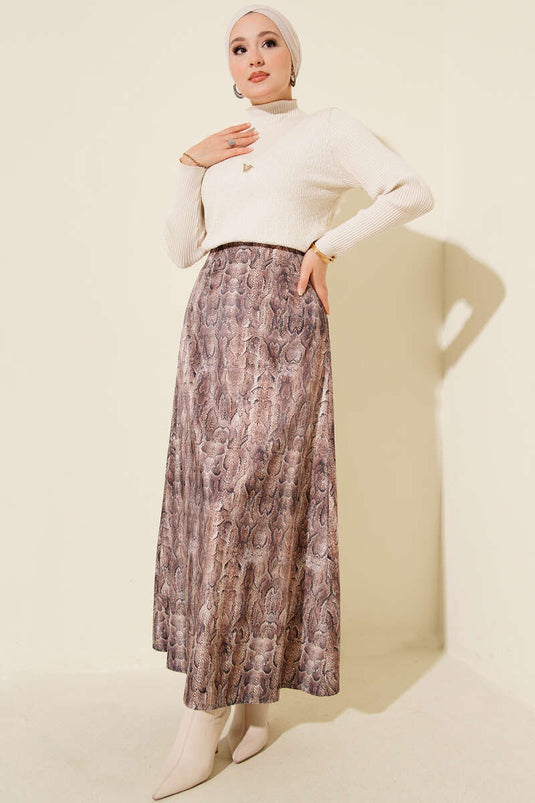 Patterned Detail Satin Skirt, Brown