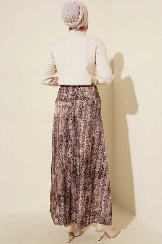 Patterned Detail Satin Skirt, Brown