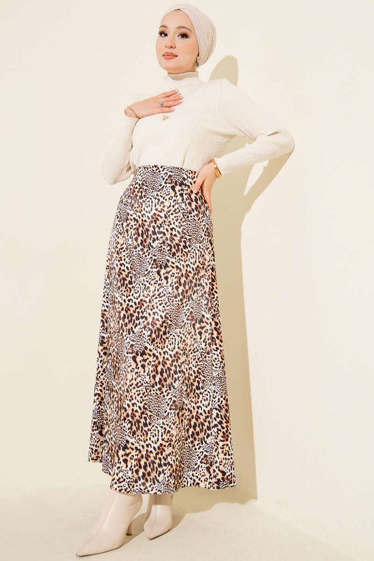 Patterned Satin Skirt with Leopard Detail