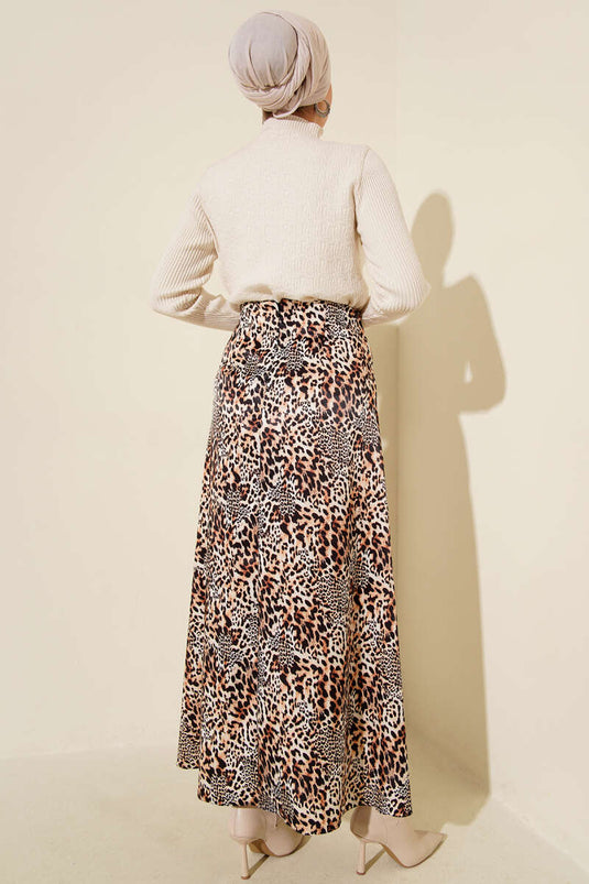 Patterned Satin Skirt with Leopard Detail