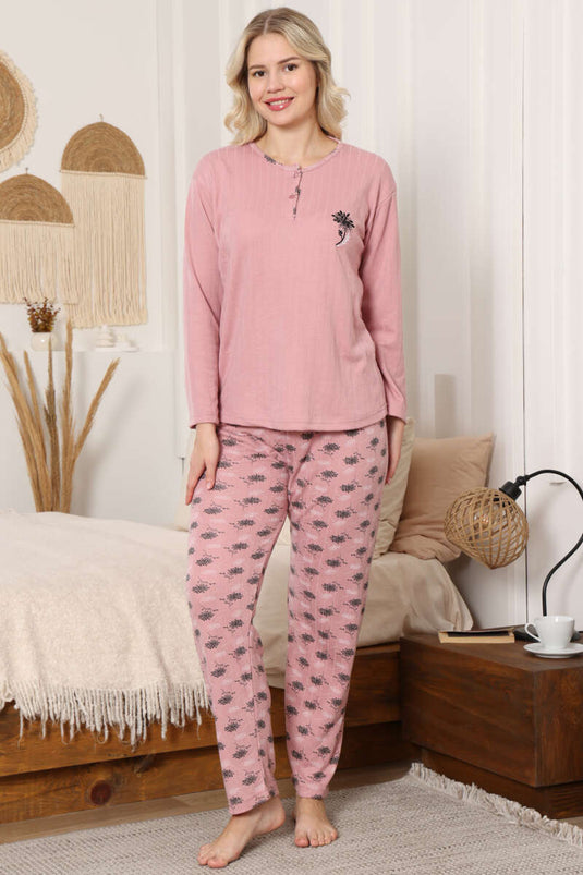 Patterned Ribbed Pajama Set Powder Pink