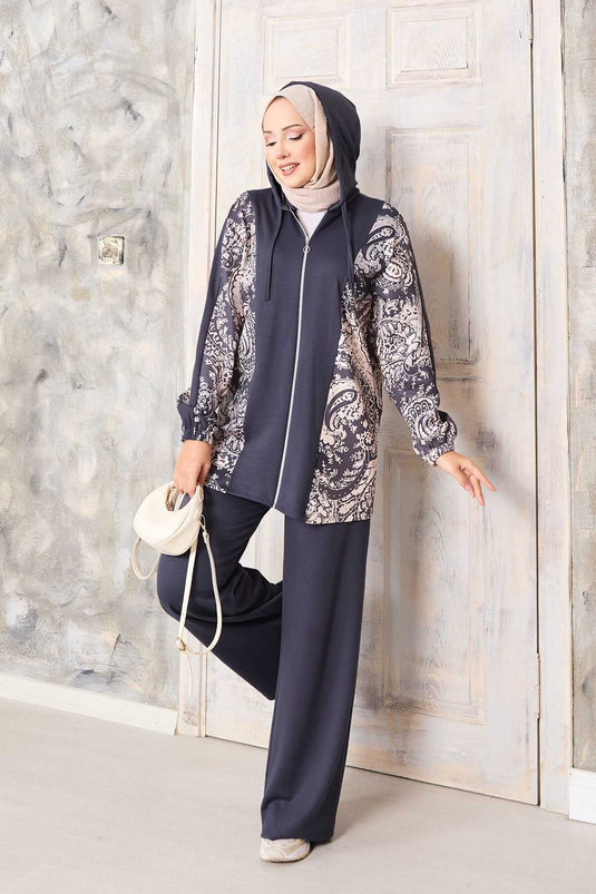 طقم مزخرف بدانتيلا بغطاء رأس مطرز رمادي