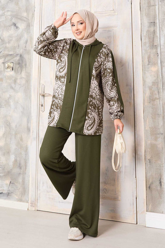 Patterned Garnished Hooded Oyşo Set Khaki