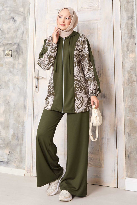 Patterned Garnished Hooded Oyşo Set Khaki