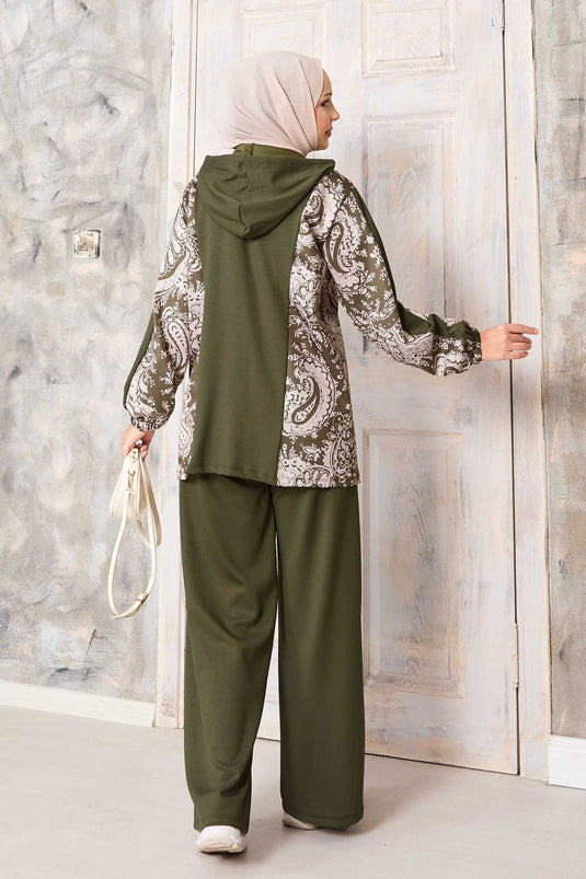 Patterned Garnished Hooded Oyşo Set Khaki