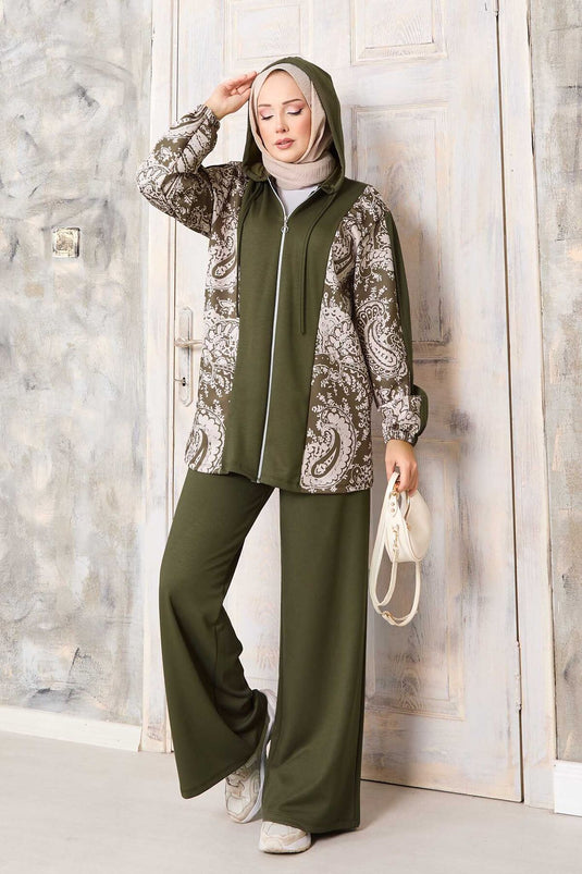 Patterned Garnished Hooded Oyşo Set Khaki