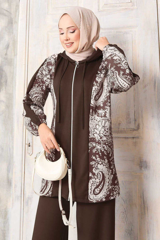 Patterned Garnished Hooded Oysho Suit Brown