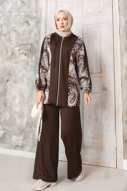 Patterned Garnished Hooded Oysho Suit Brown