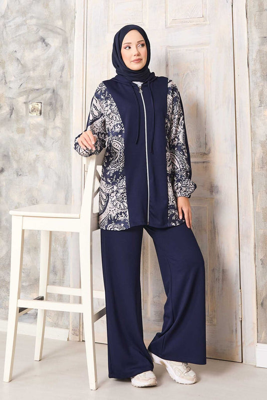 طقم أوyşo بغطاء رأس بنمط مزخرف باللون الأزرق البحري