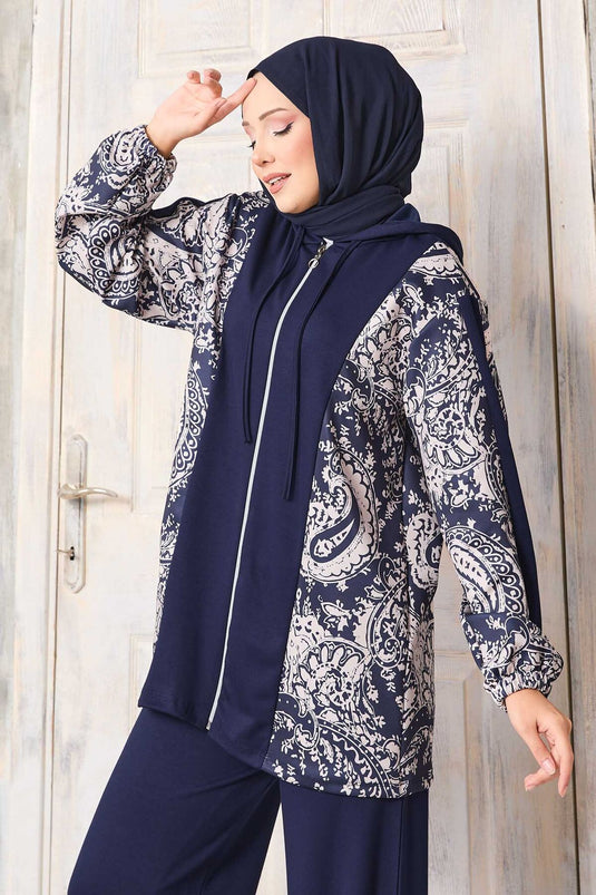 طقم أوyşo بغطاء رأس بنمط مزخرف باللون الأزرق البحري