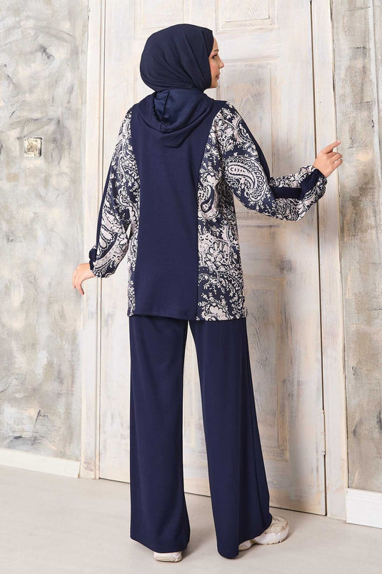 طقم أوyşo بغطاء رأس بنمط مزخرف باللون الأزرق البحري