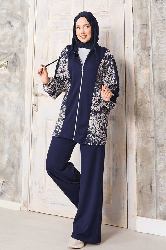 طقم أوyşo بغطاء رأس بنمط مزخرف باللون الأزرق البحري