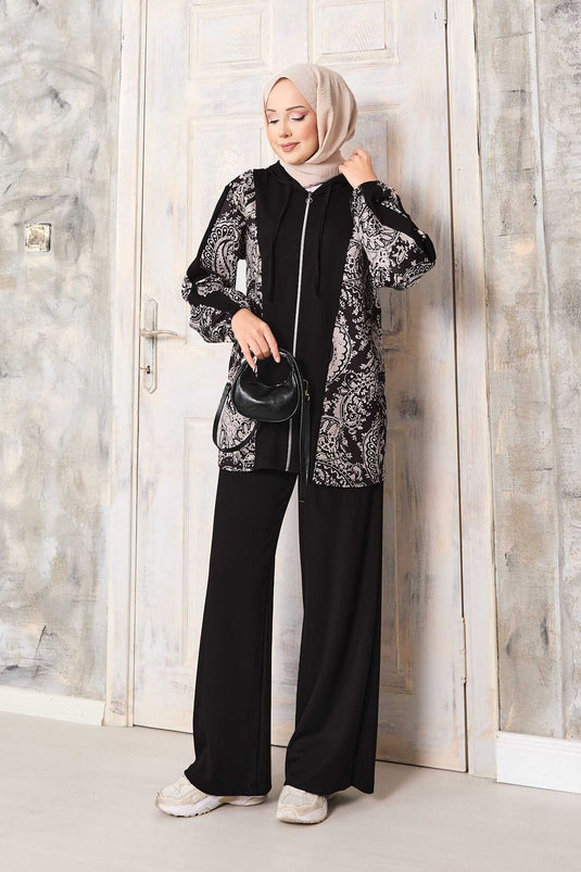 طقم أويشو بغطاء رأس مع نقوش مزينة - أسود