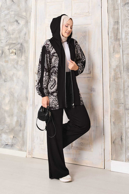 طقم أويشو بغطاء رأس مع نقوش مزينة - أسود