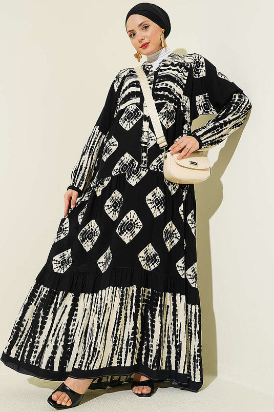 Dress with Flounce Pattern and Stand Collar Black