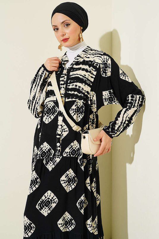 Dress with Flounce Pattern and Stand Collar Black