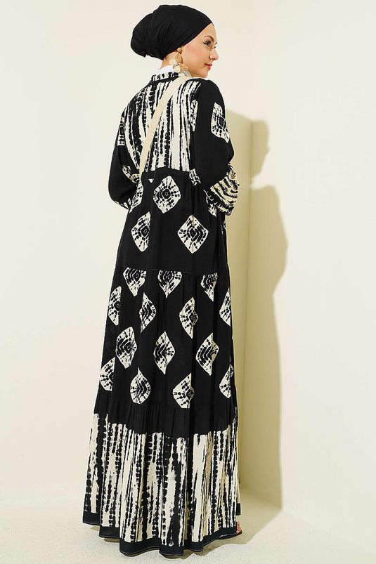 Dress with Flounce Pattern and Stand Collar Black