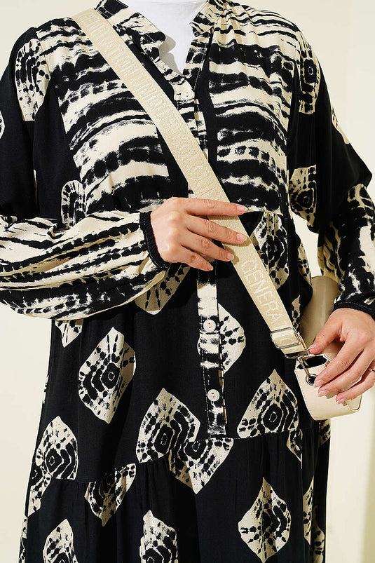 Dress with Flounce Pattern and Stand Collar Black