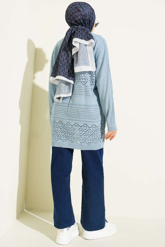 Patterned Openwork Basic Knit Cardigan Indigo