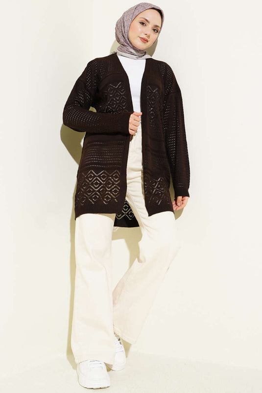 Patterned Openwork Basic Knit Cardigan Brown