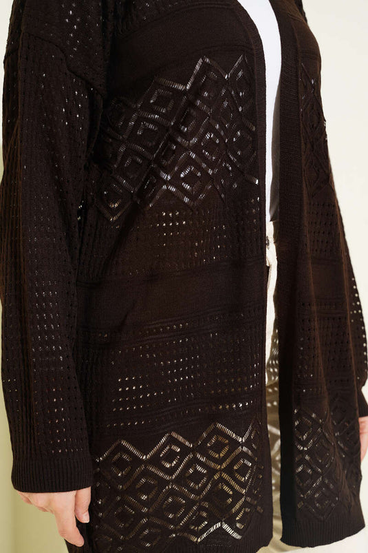 Cardigan basique en tricot ajouré à motifs, couleur café