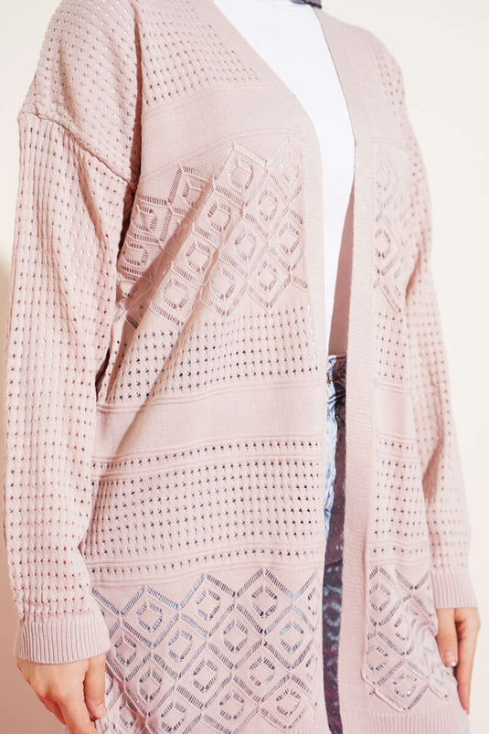 Cardigan basique en tricot ajouré à motifs, couleur poudre