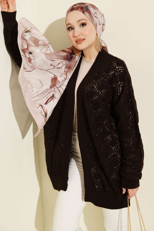 Cardigan tricot ajouré à motifs marron