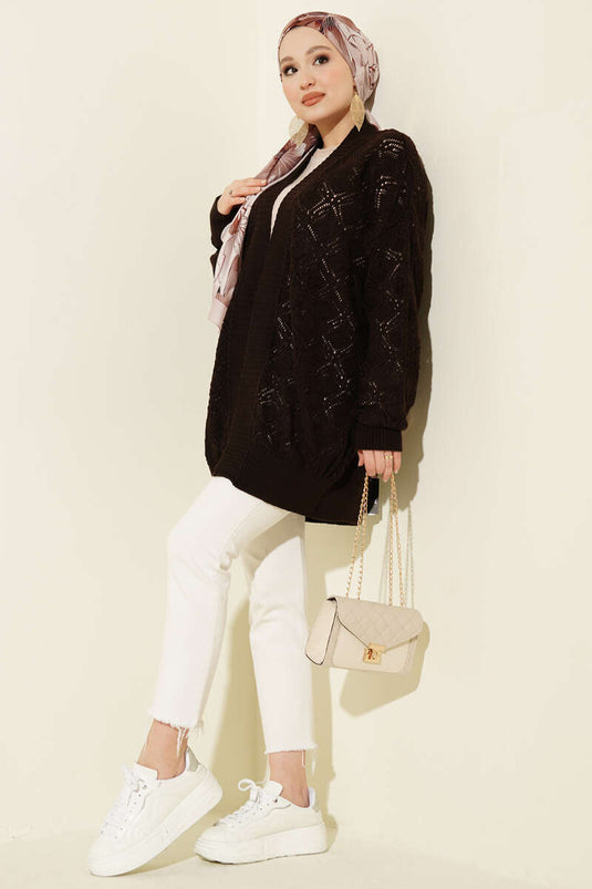 Cardigan tricot ajouré à motifs marron