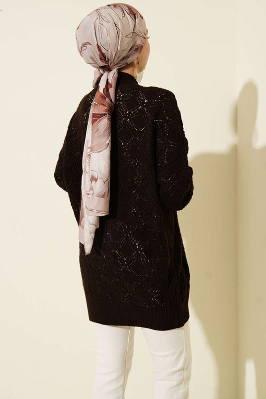 Cardigan tricot ajouré à motifs marron