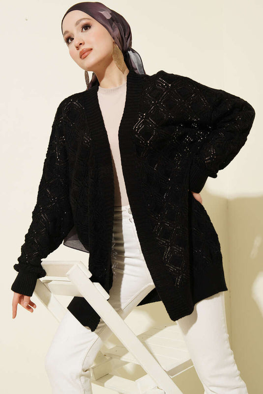 Cardigan en tricot ajouré à motifs noir
