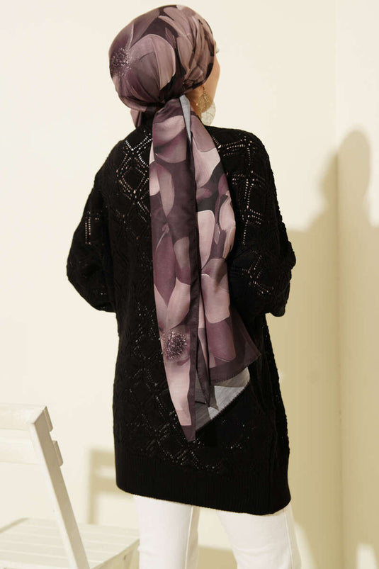Cardigan en tricot ajouré à motifs noir