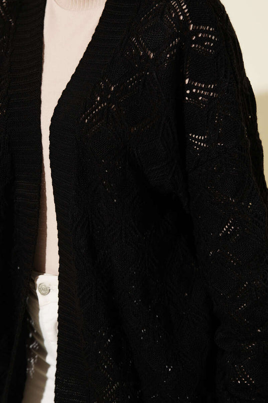Cardigan en tricot ajouré à motifs noir