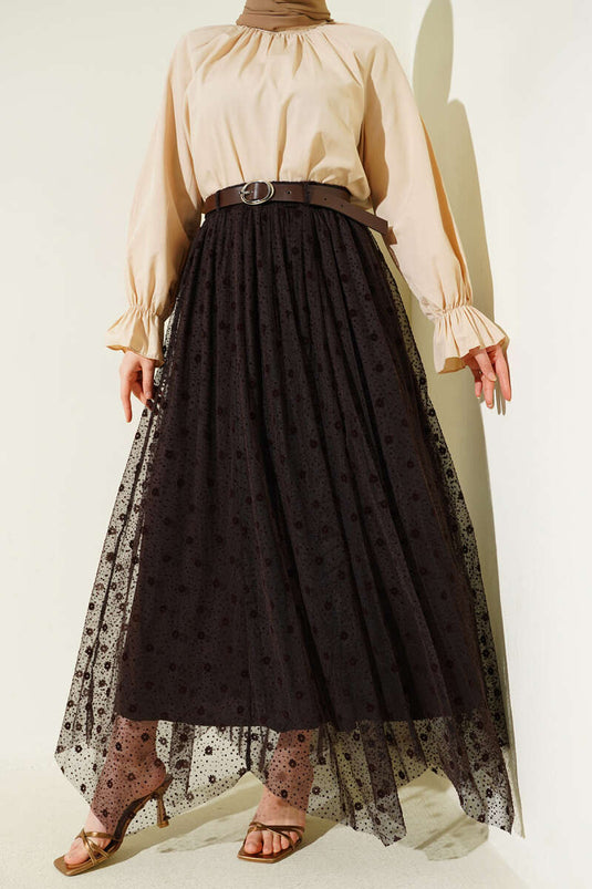 Jupe en tulle à motifs asymétrique avec ceinture marron