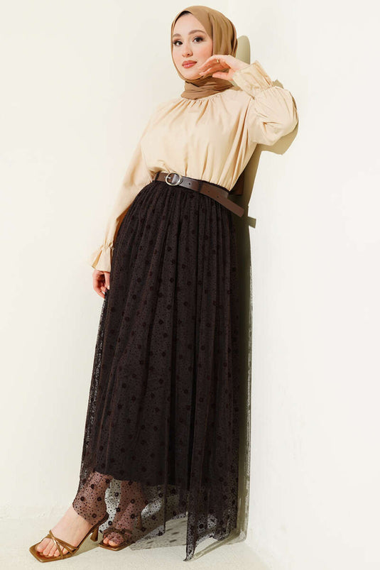 Patterned Asymmetric Belted Tulle Skirt Brown